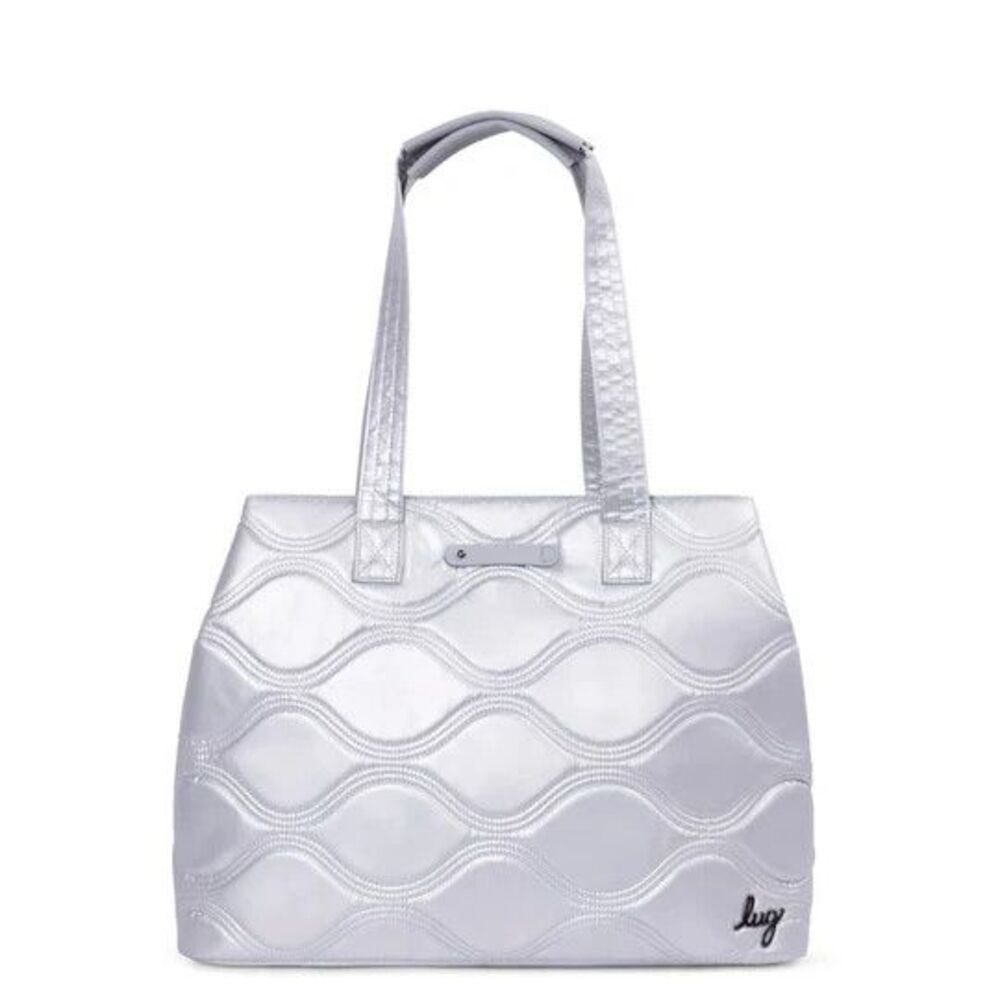 Lug Tempo Tote Metallic Silver Trolley Sleeve Padded Handles Cell Phone Pocket